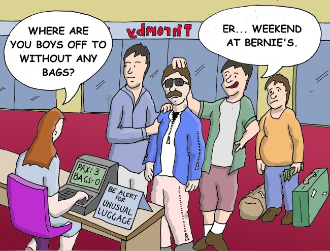 Thromby Air - Avoiding Baggage Fees - The new Weekend at Bernie's luggage.